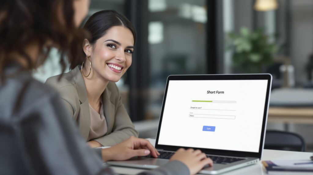 Ein selbstbewusster Kleinunternehmer sitzt an seinem Schreibtisch und füllt ein kurzes Formular auf seinem Laptop aus. Der Bildschirm zeigt ein einfaches Webformular mit einem fast vollen Fortschrittsbalken. Sanfte Beleuchtung, klarer Fokus auf das Formular, Ausdruck von Leichtigkeit und Bereitschaft. Moderner, sauberer Bürohintergrund.