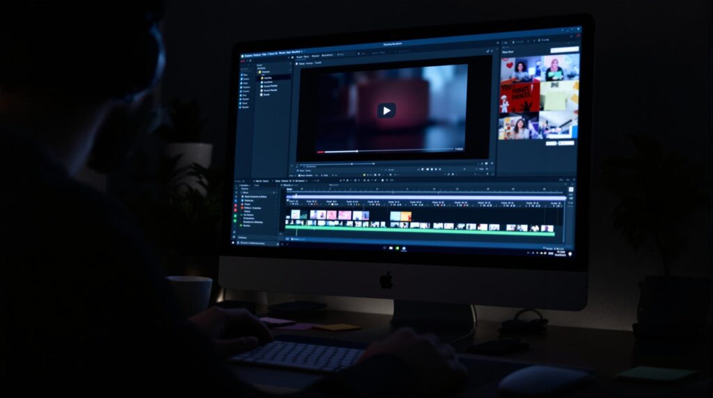 in kreativer Videoeditor arbeitet an einem Desktop-Bildschirm mit einer Timeline, die ein fast fertiges YouTube-Video zeigt. Der Bildschirm leuchtet, der Raum ist für den Kontrast leicht abgedunkelt. Ruhige, produktive Atmosphäre. Kaffeetasse, Kopfhörer und Haftnotizen sorgen für Realismus.